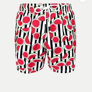 98 Coast Av Swimwear black + white striped watermelon bathing suit swim trunks